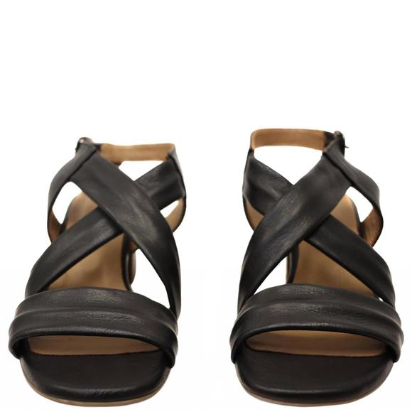 NEW BUENO women\'s european leather mid heel sandal in black